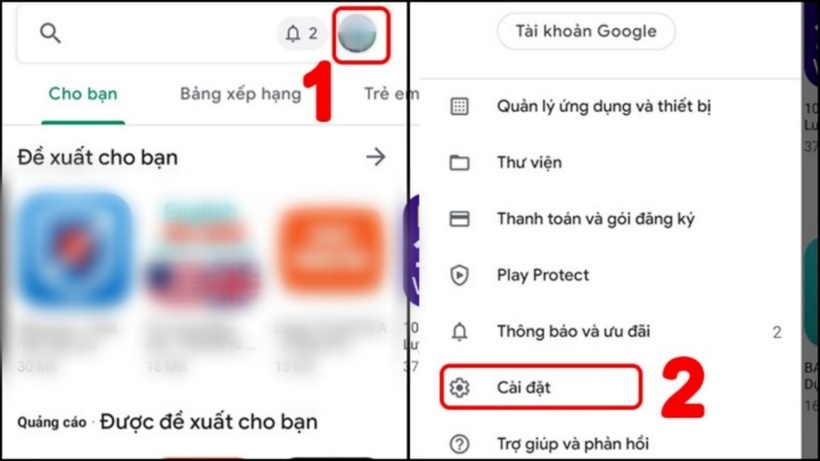Vào Google Play Store > Chọn Ảnh đại diện tài khoản > Chọn Cài đặt. Ảnh: VTC News